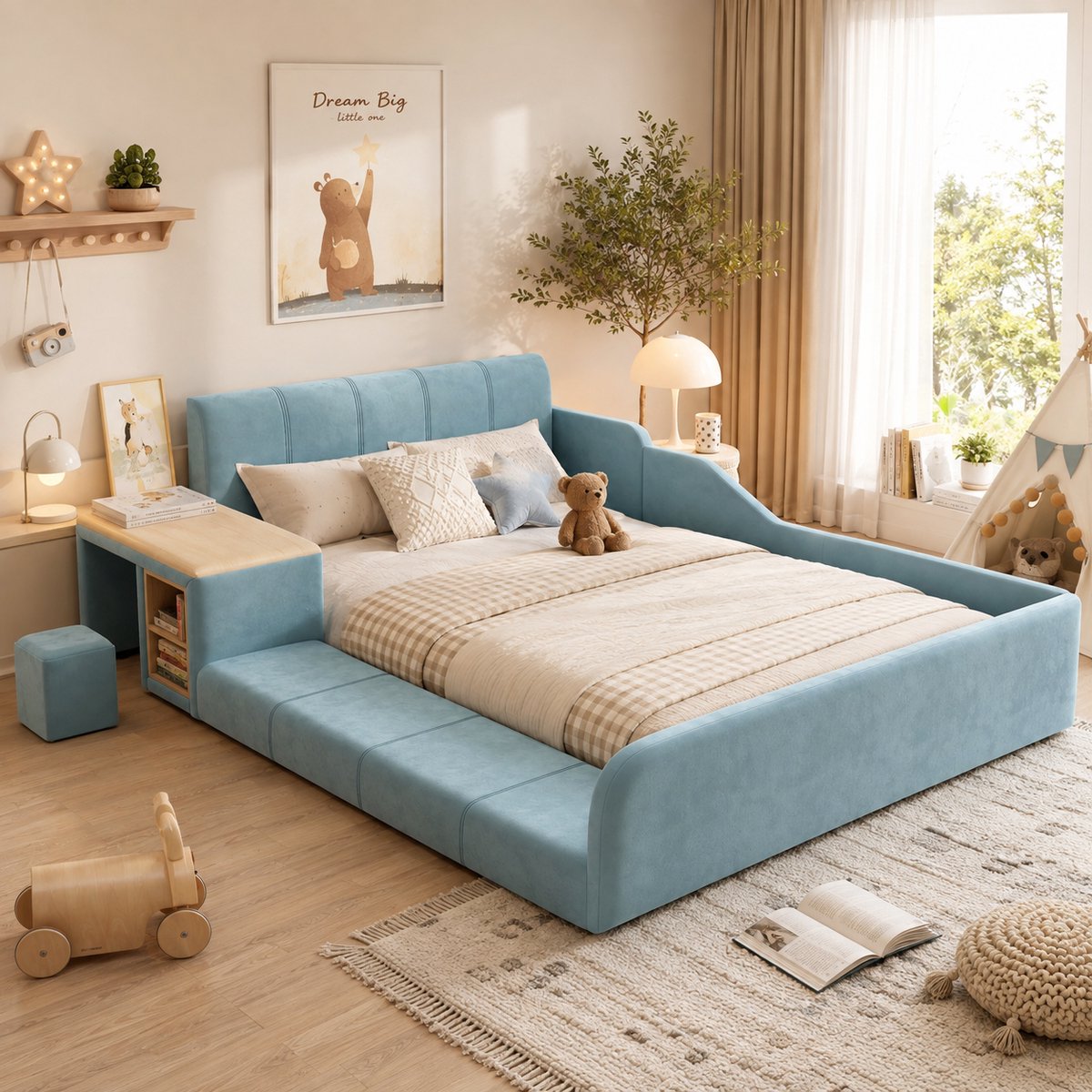 Welltin Kinderbed 140x200 cm - Tweepersoonsbed - Gestoffeerd bed - Vloerbed - Met opbergplanken - Met zacht hoofdeinde - Fluweelstof - Met bureau en stoel - Zacht en schokbestendig - Blauw