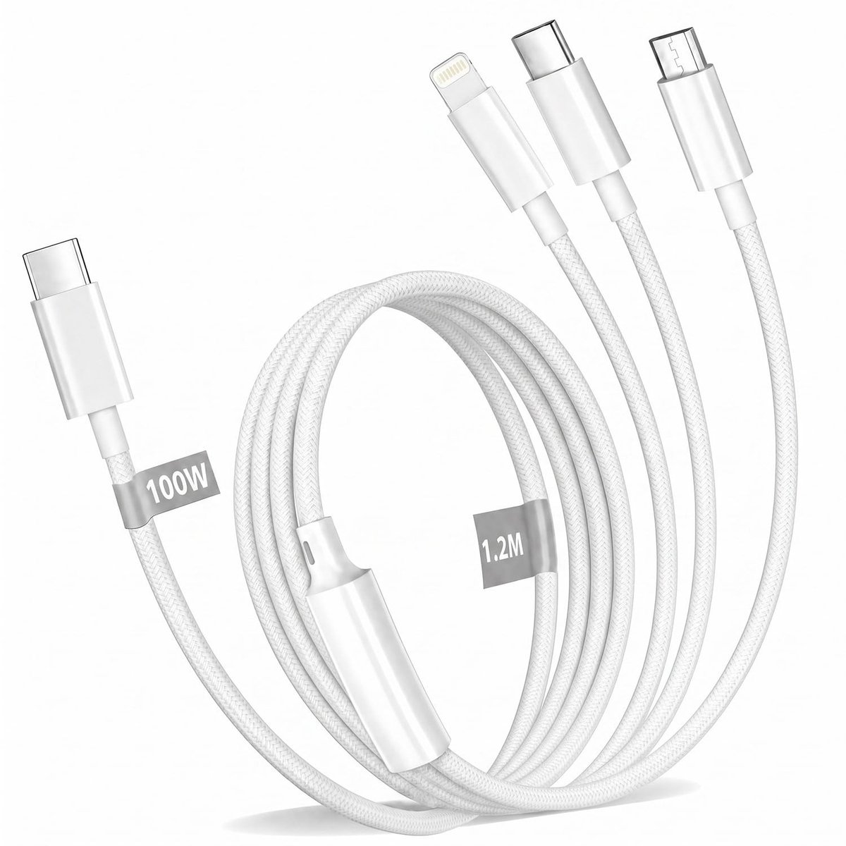 3-in-1 Oplaadkabel 1.2 Meter - Gevlochten Nylon, 100W USB-C Snelladen met Lightning, Micro USB en Type C voor iPhone, iPad en MacBook