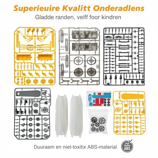 Onderdelen voor de robotbouwset op zonne-energie, verdeeld over 7 spuitgegoten mallen, met tandwielen en stickers.