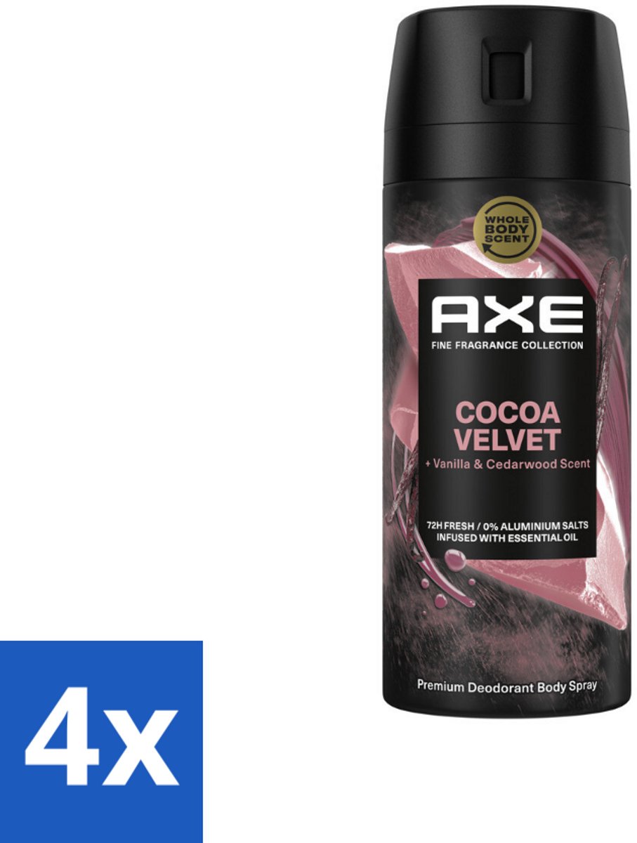 4 x Axe – Deodorant – Cocoa Velvet – 150 ml - Cocoa Velvet - Deodorant Bodyspray - Frisheid - Lichaamsgeur - Parfum