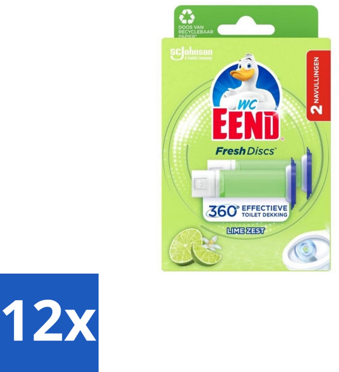 12 x WC Eend – Fresh Discs – Duo Navulling – Lime Zest – 72 ml - Toilet Reinigen - Toilet Hygiëne - Toilet Fris - Toilet Navulling - Toilet Gel Discs