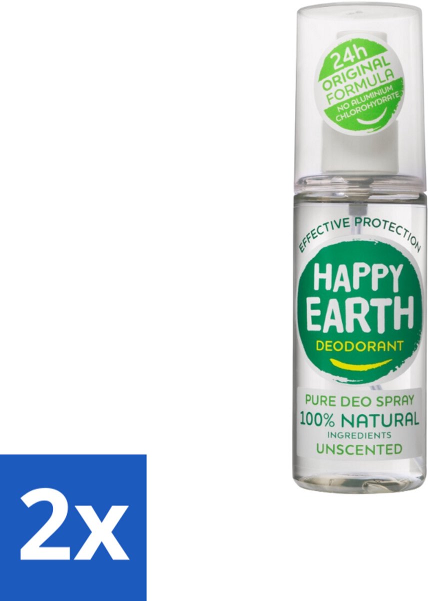 2 x Happy Earth – Deodorant Spray – 100% Natuurlijk Unscented – 100 ml - Geurloos Deodorant - Hypoallergene Deodorant - Natuurlijke Deodorant - Deodorant Voor Gevoelige Huid - Mineralen Deodorant