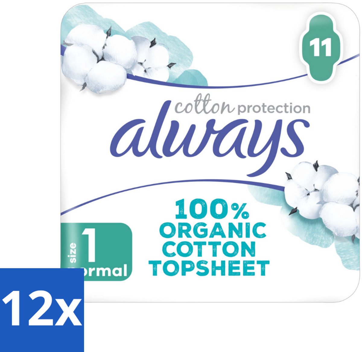 12 x Always – Maandverband – Bio Cotton Protection Ultra Normal met Vleugels – 11 stuks per verpakking - Maandverband - Bio Katoen - Menstruatiebescherming - Vleugels - Huidvriendelijk