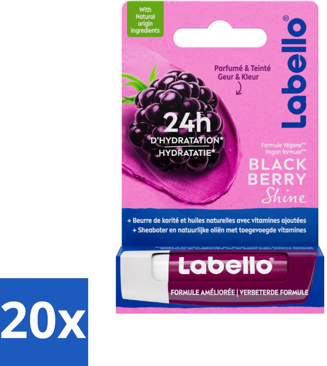 20 x Labello – Lippenbalsem – Blackberry Shine – Lippenbalsem – Shea Boter & Jojoba Olie – 5,5 ml - Lippenbalsem - Hydratatie - Shea Boter - Jojoba Olie - Glans