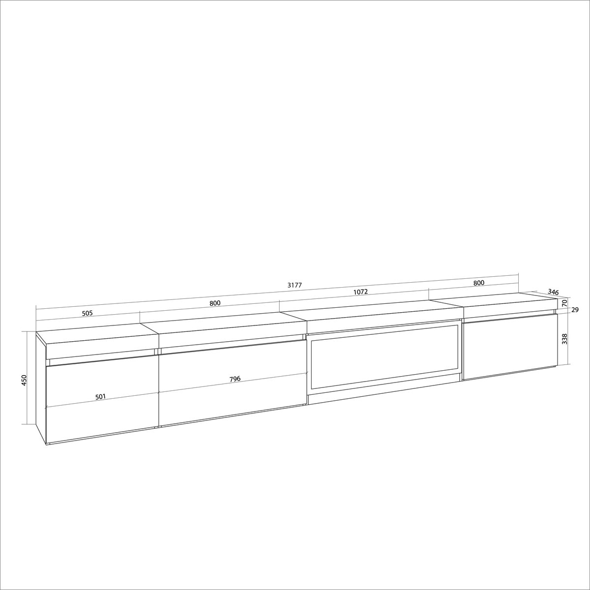 Skraut Home - TV-Meubel, Lowboard - Woonkamer, Eetkamer - 317x45x35 cm - Elektrische haard XXL - Hangend - ShopVlot