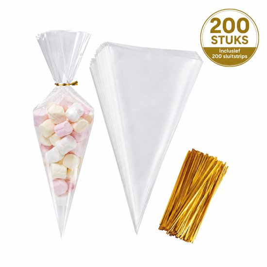 Een gevuld transparant puntzakje met marshmallows en een stapel lege zakjes met gouden sluitstrips.