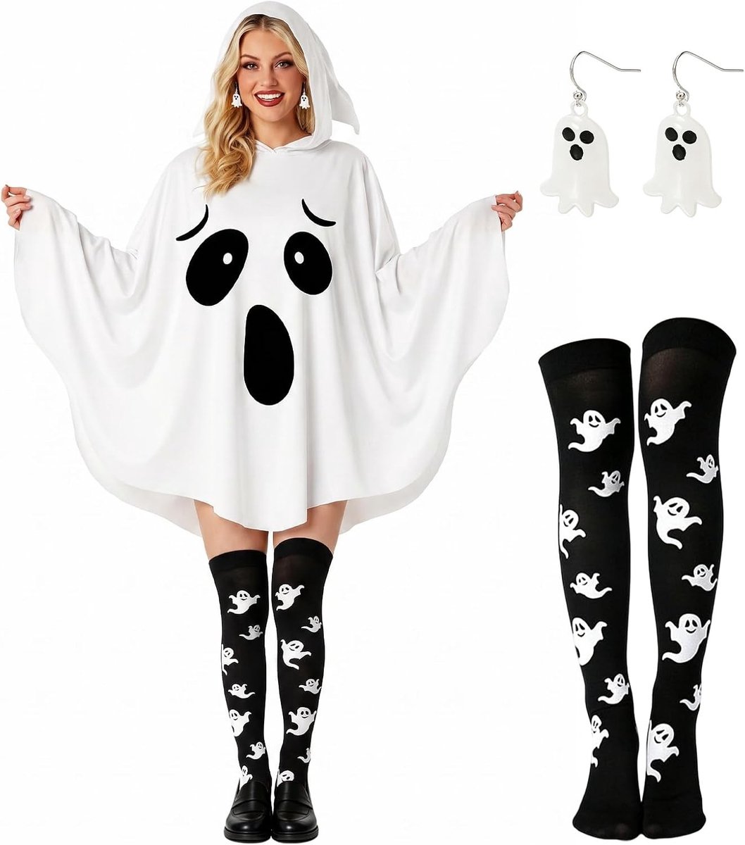 Spookachtig Halloween kostuum met capuchon voor dames, ideaal voor feest en cosplay, wit en sfeervol
