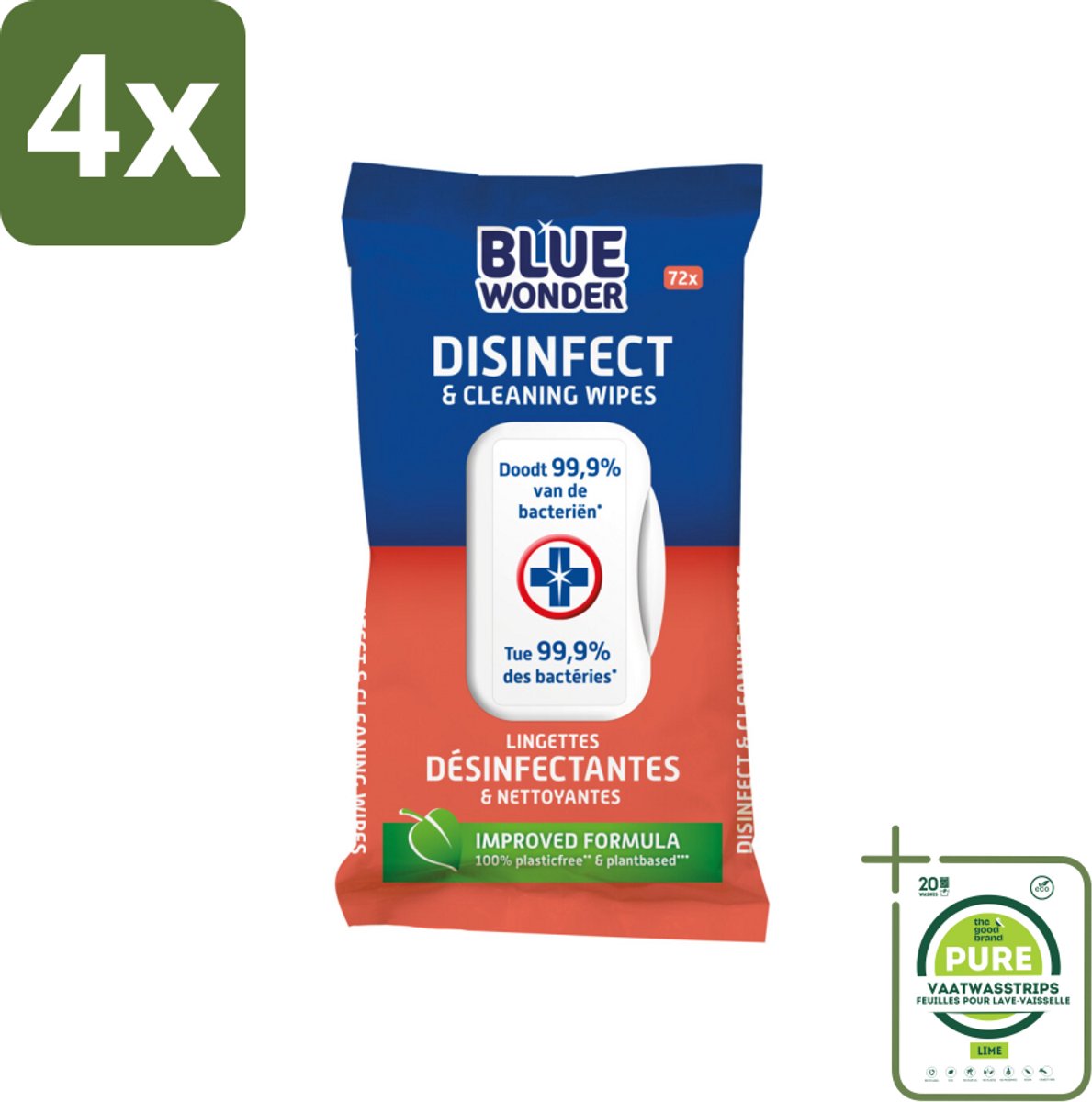 Blue Wonder Desinfectie Reiniger Doekjes 72 stuks per verpakking - Voordeelverpakking - 4 stuks - Reinigen - Desinfecteren