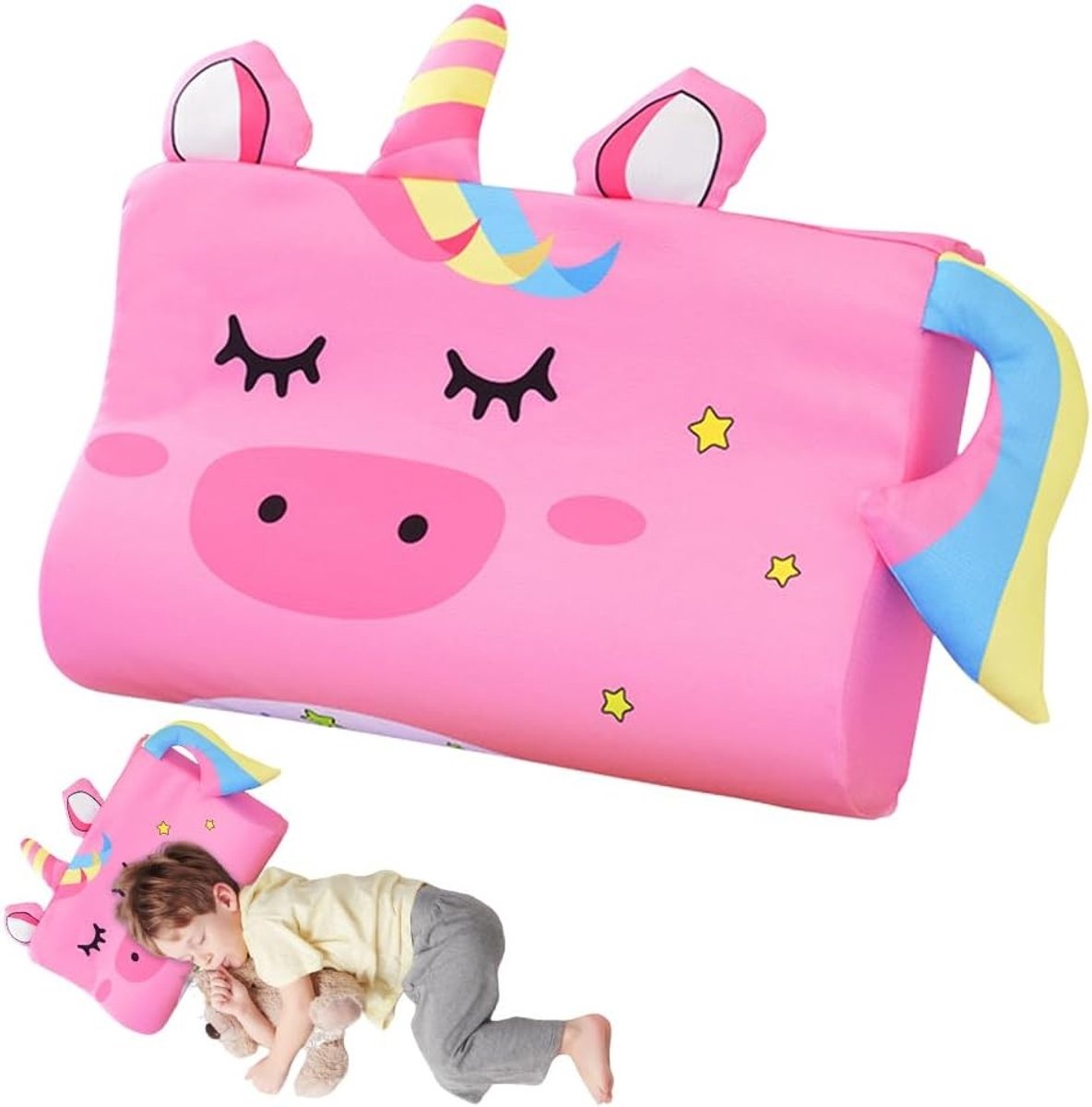 Ergonomisch Hoofdkussen voor Kinderen 46x26cm, Ademend Geheugenfoam Kussen met Hoes, Perfect voor Een Rustige Nachtrust (Eenhoorn)