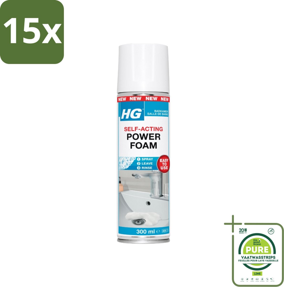 15 x HG - Badkamer - Badkamerreiniger - Power Foam Badkamer - Zelf-Activerend - 300 ml - Grootverpakking - Badkamerreiniger - Badkamerschoonmaak - Kalkverwijderaar - Zeepresten - Vuil