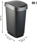 Grijze kunststof afvalbak van 50 liter met afmetingen 602x401x298 mm.