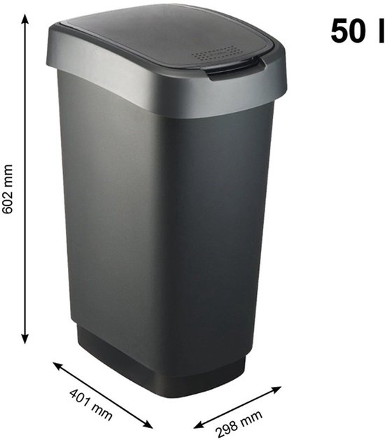 Grijze kunststof afvalbak van 50 liter met afmetingen 602x401x298 mm.