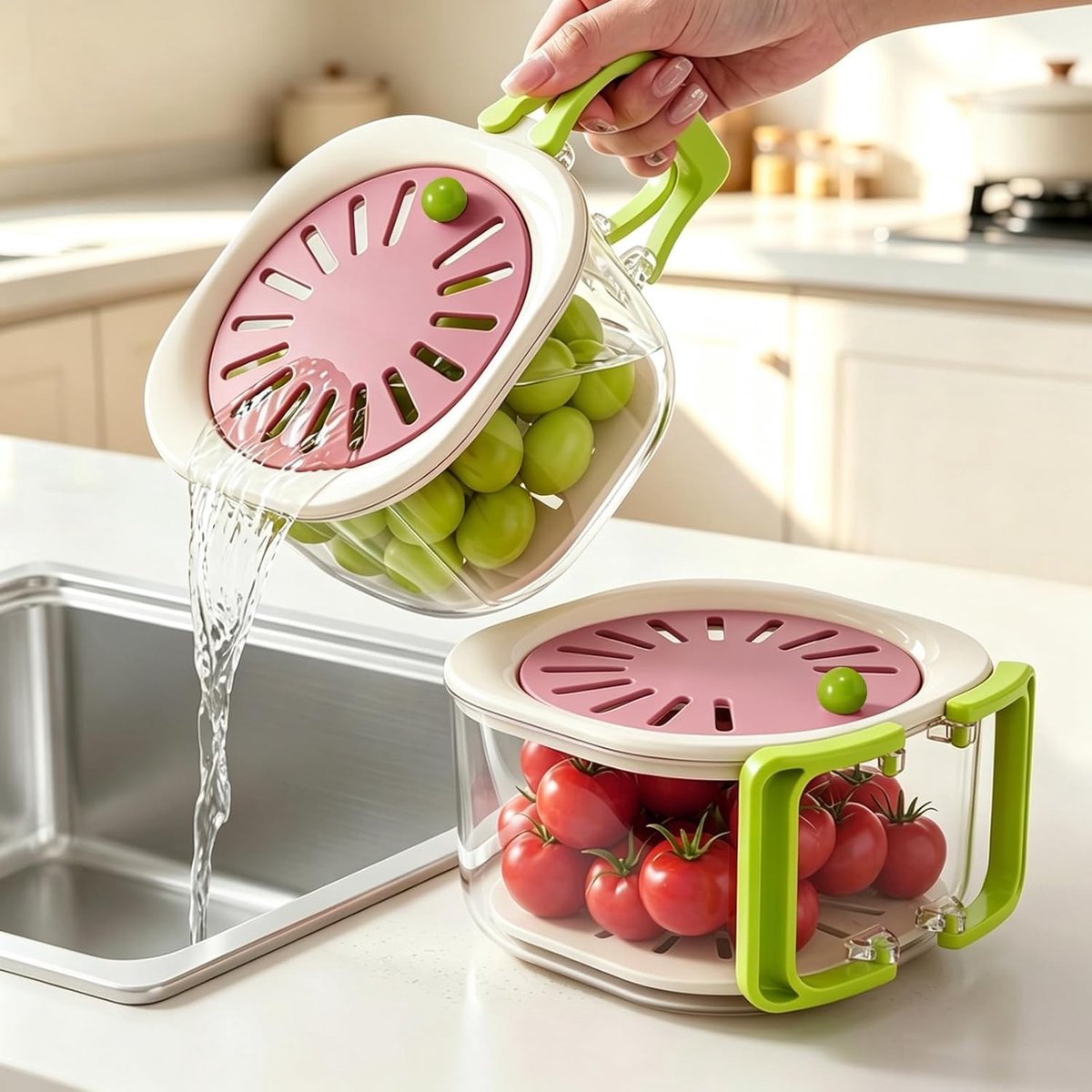 2-in-1 fruitwaskom met deksel en lekbak, set van 2 bessen- en groentewaskommen, ideaal voor het reinigen van groenten en fruit, inklapbare handgreep voor gebruiksgemak
