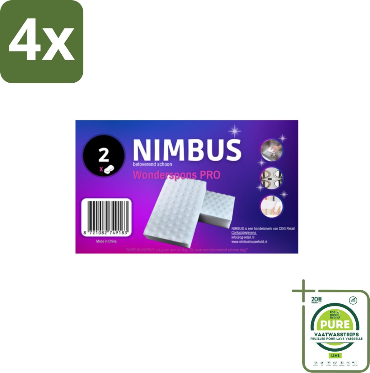 NIMBUS Wonderspons Pro Wit 2 stuks per verpakking - Voordeelverpakking - 4 stuks - Schoonmaken - Reinigen