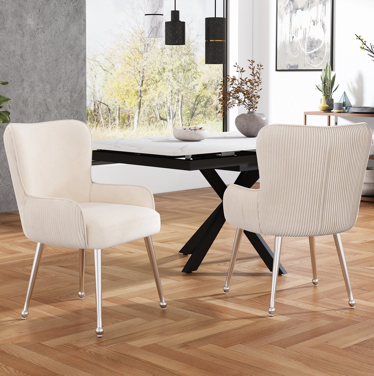 Wishdor Eetkamerstoel set van 2 - Velvet bekleding en armleuningen - Lendensteun en verstelbare voetdoppen - Modern design - Eetkamer woonkamer lounge - Beige - 57 x 53 x 83 cm