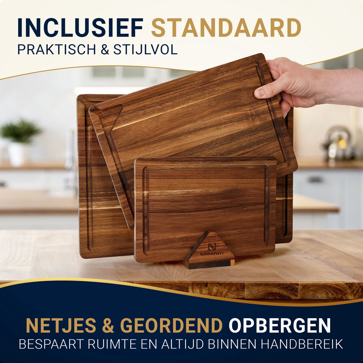 Nadafati Premium Massief Acacia Houten Snijplankenset met Houder - 3 Houten Snijplanken - Dubbelzijdig - Met Sapgeul - Hakblok - Serveerplank - Borrelplank - Tapasplank - Kaasplank - Broodplank - Snijplank van Acaciahout — cadeau in Kookcadeaus - foto 7
