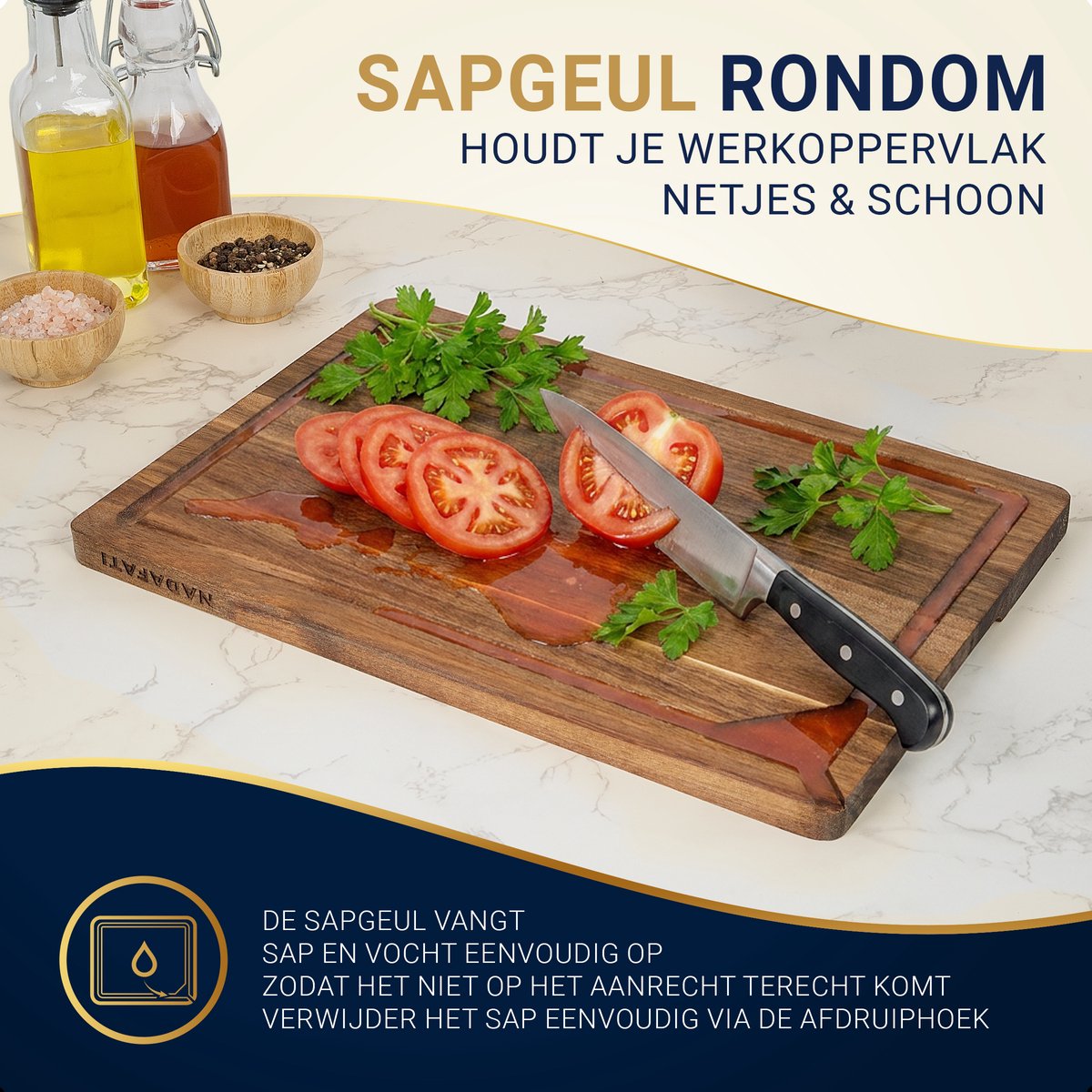 Nadafati Premium Massief Acacia Houten Snijplankenset met Houder - 3 Houten Snijplanken - Dubbelzijdig - Met Sapgeul - Hakblok - Serveerplank - Borrelplank - Tapasplank - Kaasplank - Broodplank - Snijplank van Acaciahout — cadeau in Kookcadeaus - foto 3