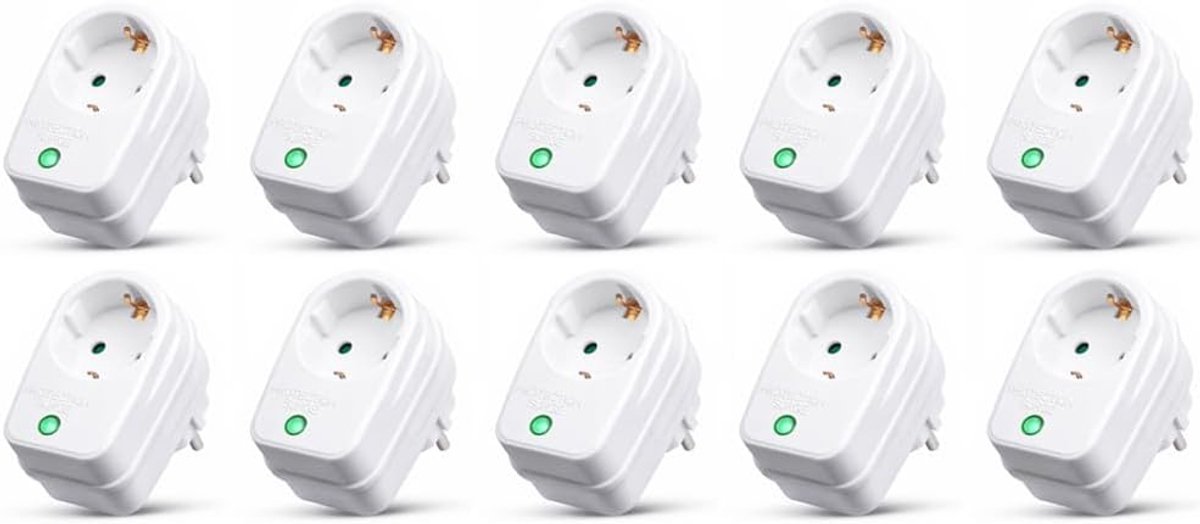10 x PerfectHD overspanningsbeveiliging, tussenstekker met led en kinderbeveiliging, stekkeradapter met bliksembeveiliging voor tv, pc en huishoudelijke apparaten, 10 stuks