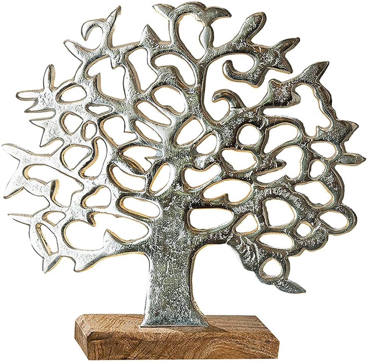 Deco figuur boom - levensboom - aluminium zilver op houten voet - 46x49 cm