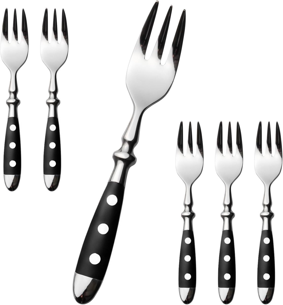 Taartvorken, 6 stuks, roestvrij staal, kleine vorkset, hoogglanzend gepolijst, zwarte handgrepen, dessertvorken, fruitvorken voor thuis, restaurant, feestspel buiten, bruidspaar, serie Berlijn