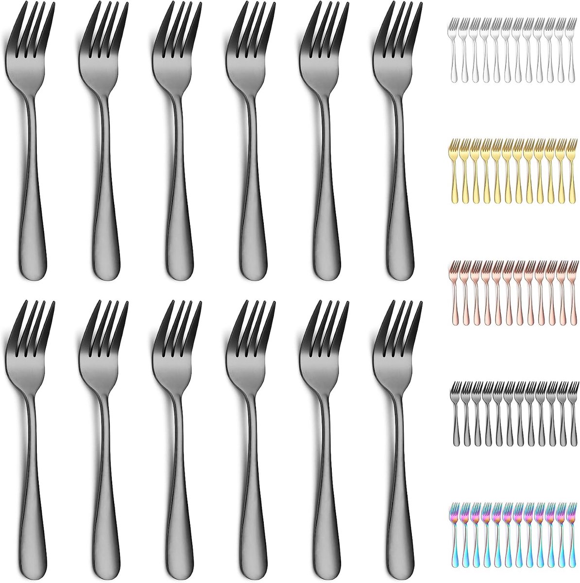 Dessertvorkjes 12-delig, Zwart Titanium Gecoat Roestvrij Staal Gebaksvorkjes Set, Fruitvorkjes, Mini Taartvorkjes, Aperitiefvorkjes voor Thuis, Bruilof.