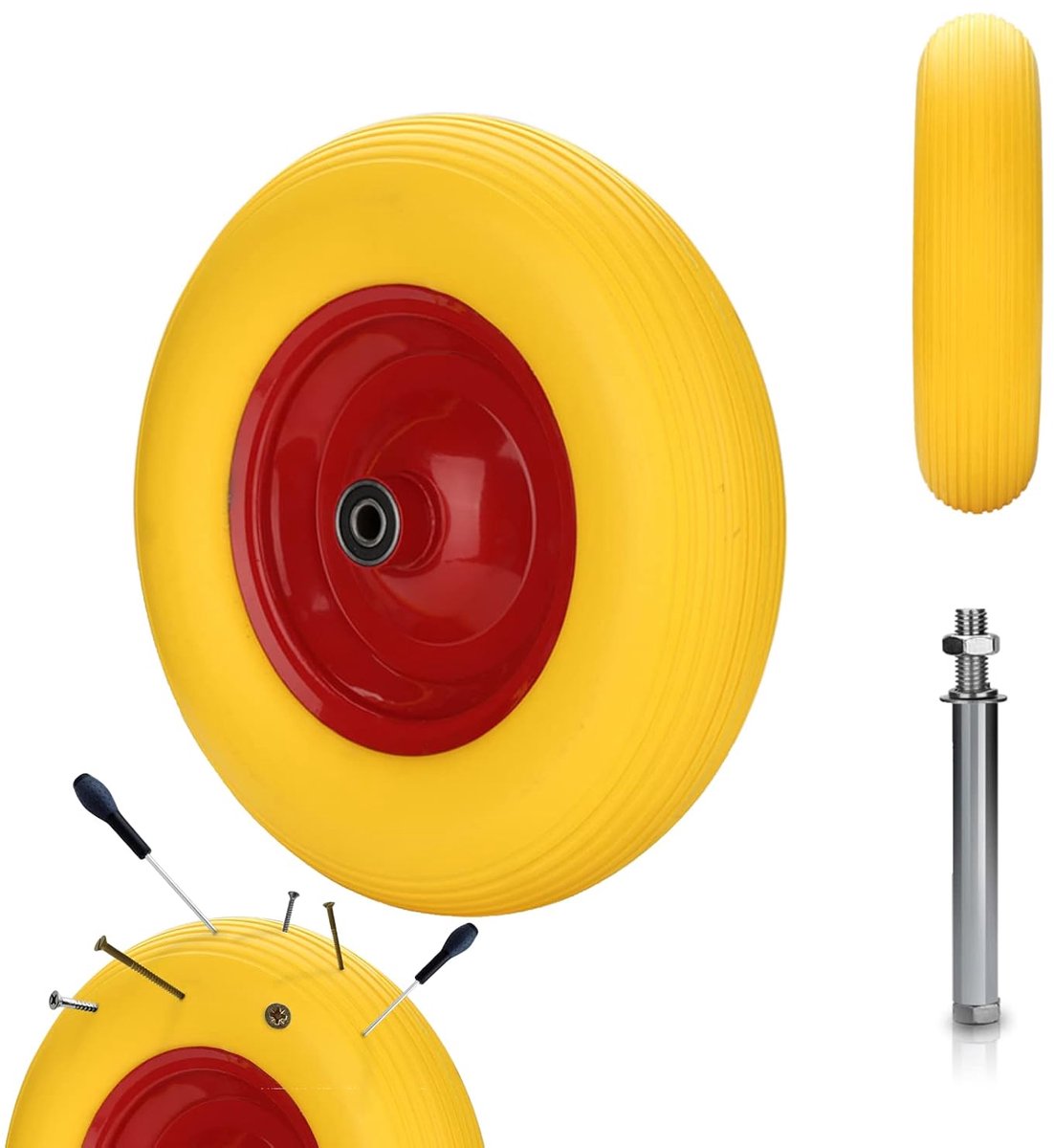 Kruiwagenwiel PU massief rubberen banden met as 4.80 4.00-8 Ø 390 mm rubberen wiel, lekvrij, tot 200 kg, voor bolderkar, kruiwagen