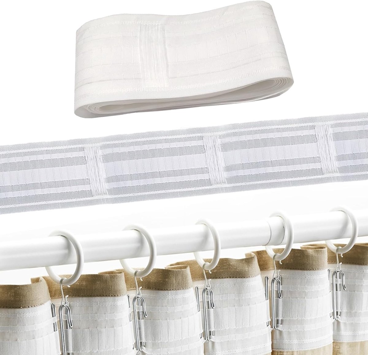 - Universele Plooiband om op te Naaien, 5 m x 85 mm, met Lussen voor Gordijnen, Wit