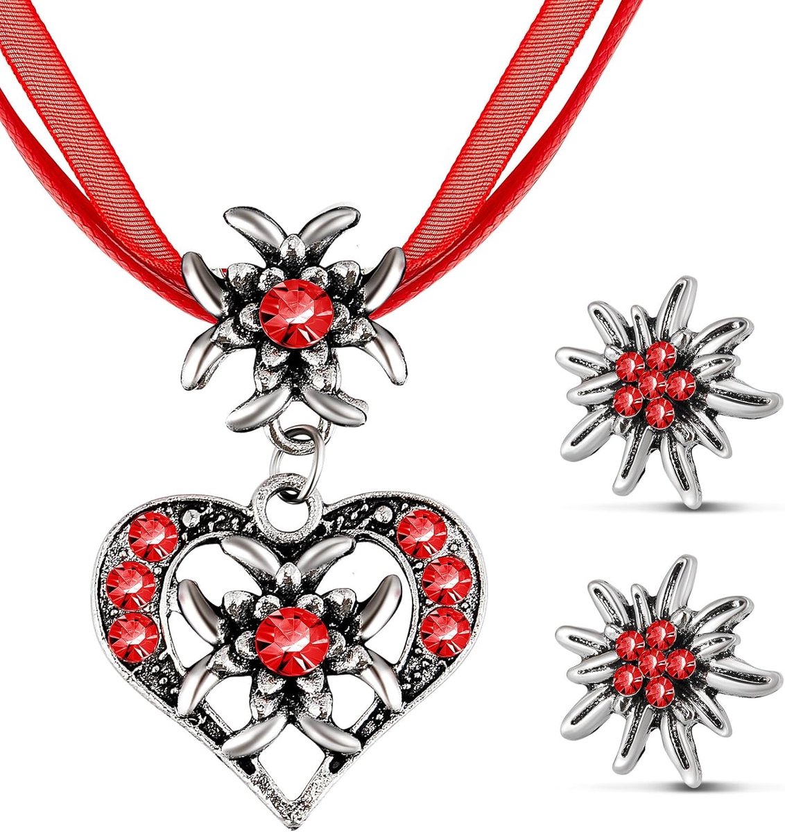 Sieradenset van Edelweiss, 3-delige set fantasiejuwelen, Beierse Dirndl-sieraden, halsketting met hartvormige hanger, Edelweiss-oorbellen, voor traditioneel bierfeest
