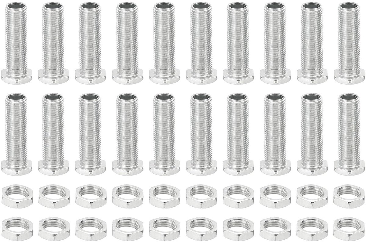 M10 x 35 mm zeskantschroeven en moeren set, 20 stuks fijne schroefdraad holle schroeven assortiment zeskopschroef doorgangsgat bouten kroonluchter bevestigingselementen