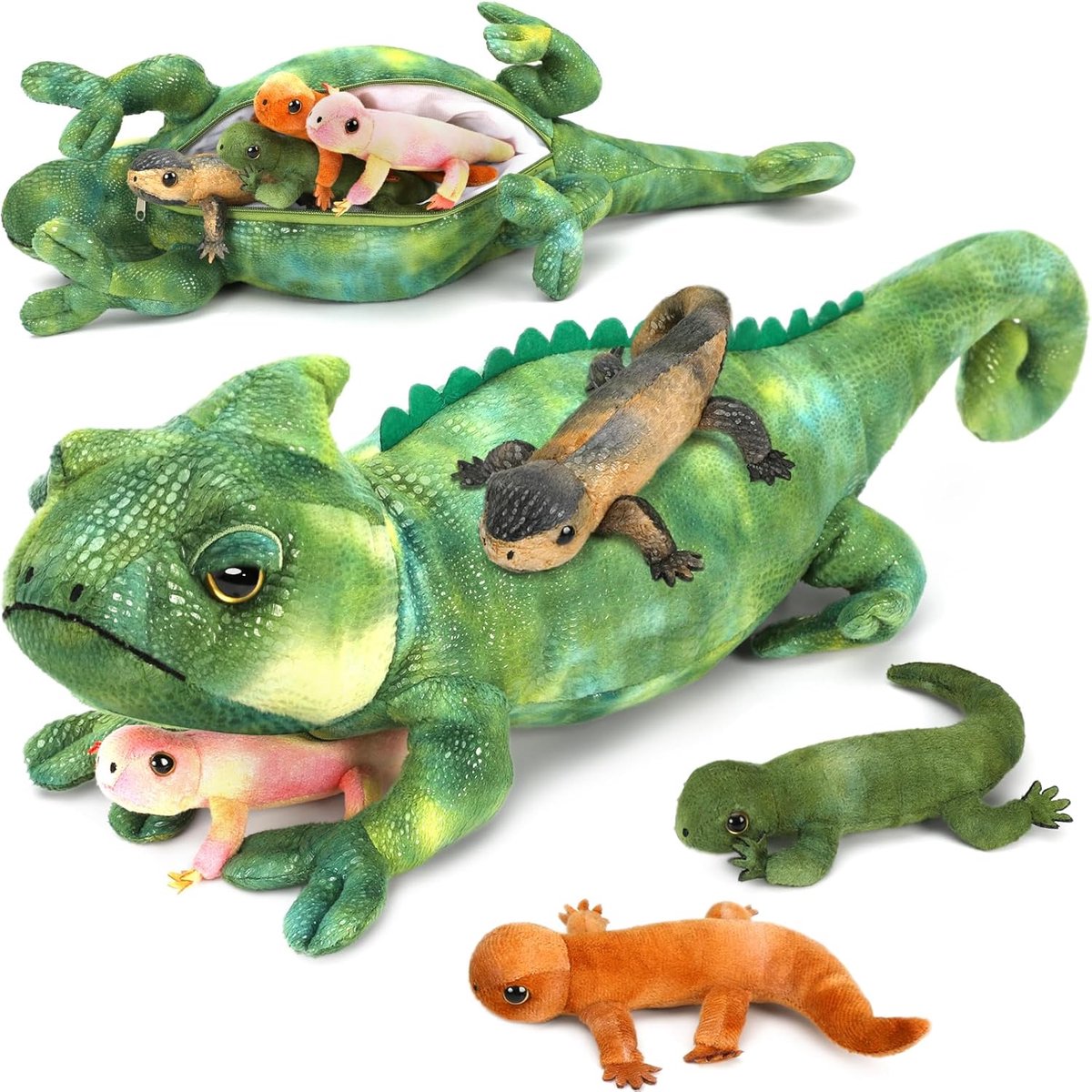 68 cm Lange, Reuzenhagedis, XXL Pluizige Knuffeldier Met 4 Baby's in de Buik, Groene Eidedis, Lizard Teddys, Cadeau voor Jongens