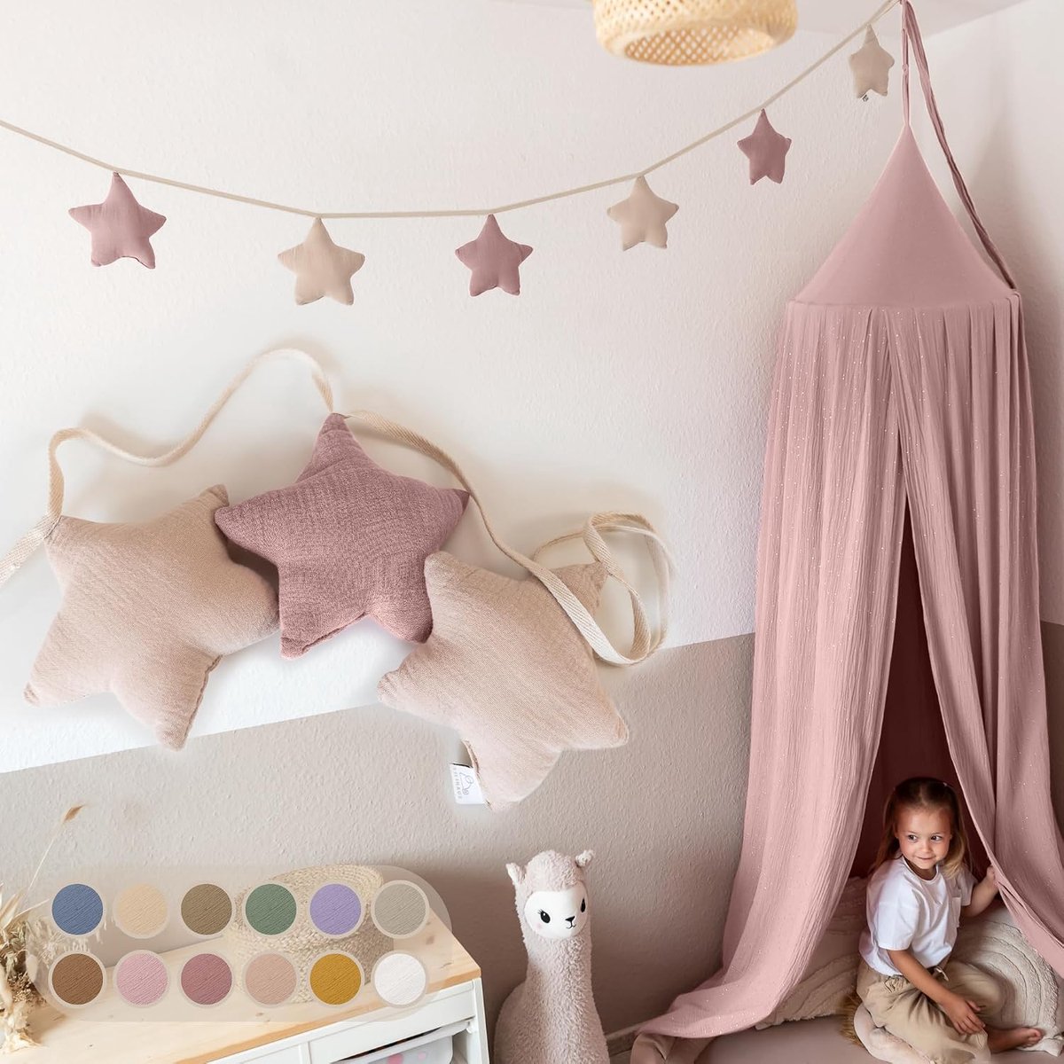 Sterren, vlaggirling, stof [in 12 kleuren] vlaggirling, kinderkamer – 100% katoen, handgemaakte slinger, stof – vlaggetjesslinger, mousseline – huisbed, decoratie voor meisjes en jongens
