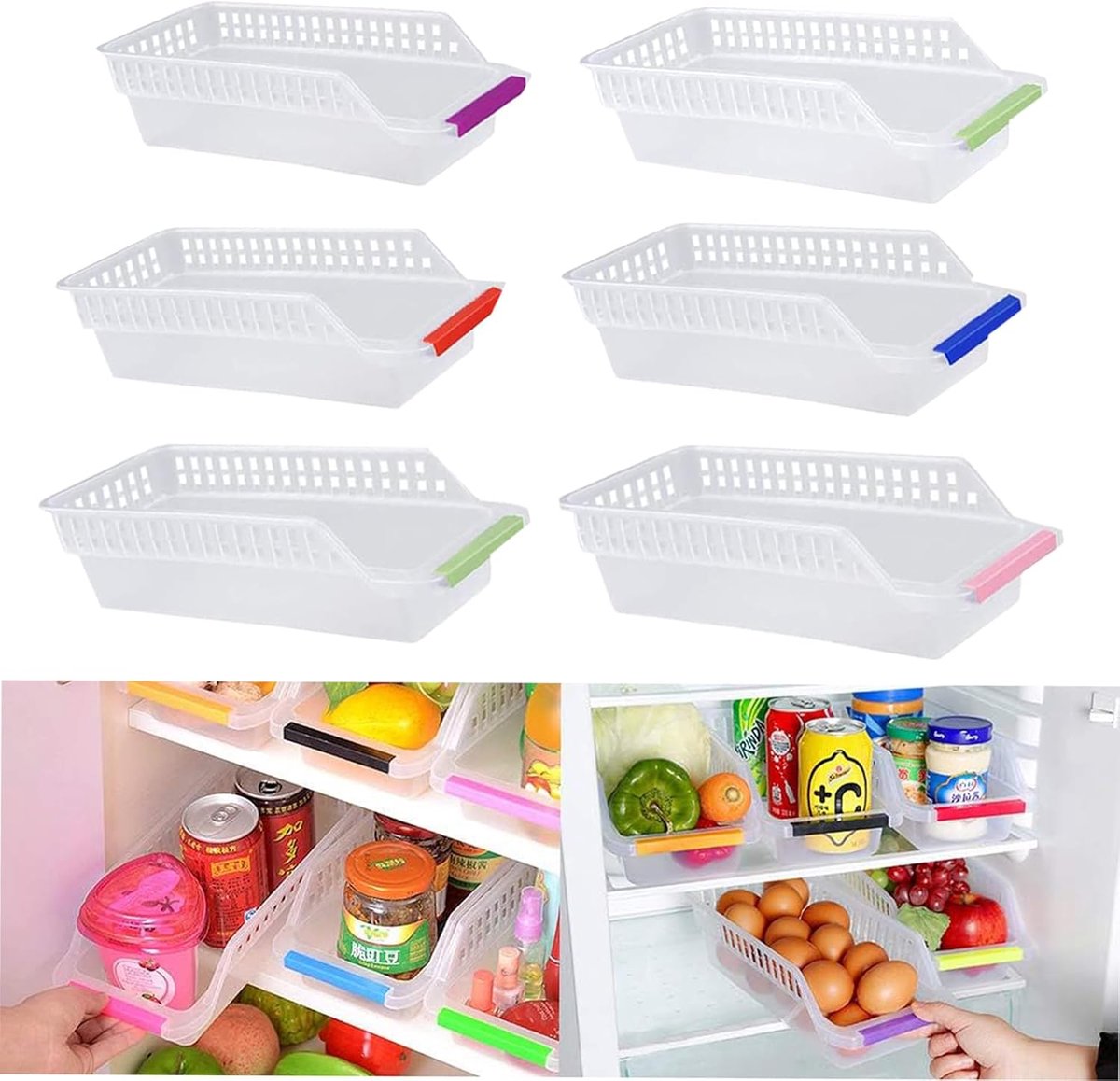 6-Pack PP Plastic Bewaarmand Koelkast Praktische Ideale Koelkastlade Stapelbaar Ruimtebesparend Bewaardoos Levensmiddelen Willekeurige Kleur voor Koelkast en Keukenkast