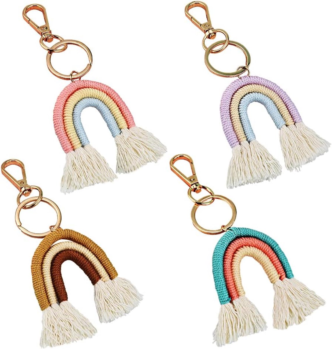 sleutelhanger regenboog en kwast hanger Boheemse sleutelhanger regenboog weven geschikt voor auto accessoires damestas 4 stuks, roze, koffie, paars, blauw., L
