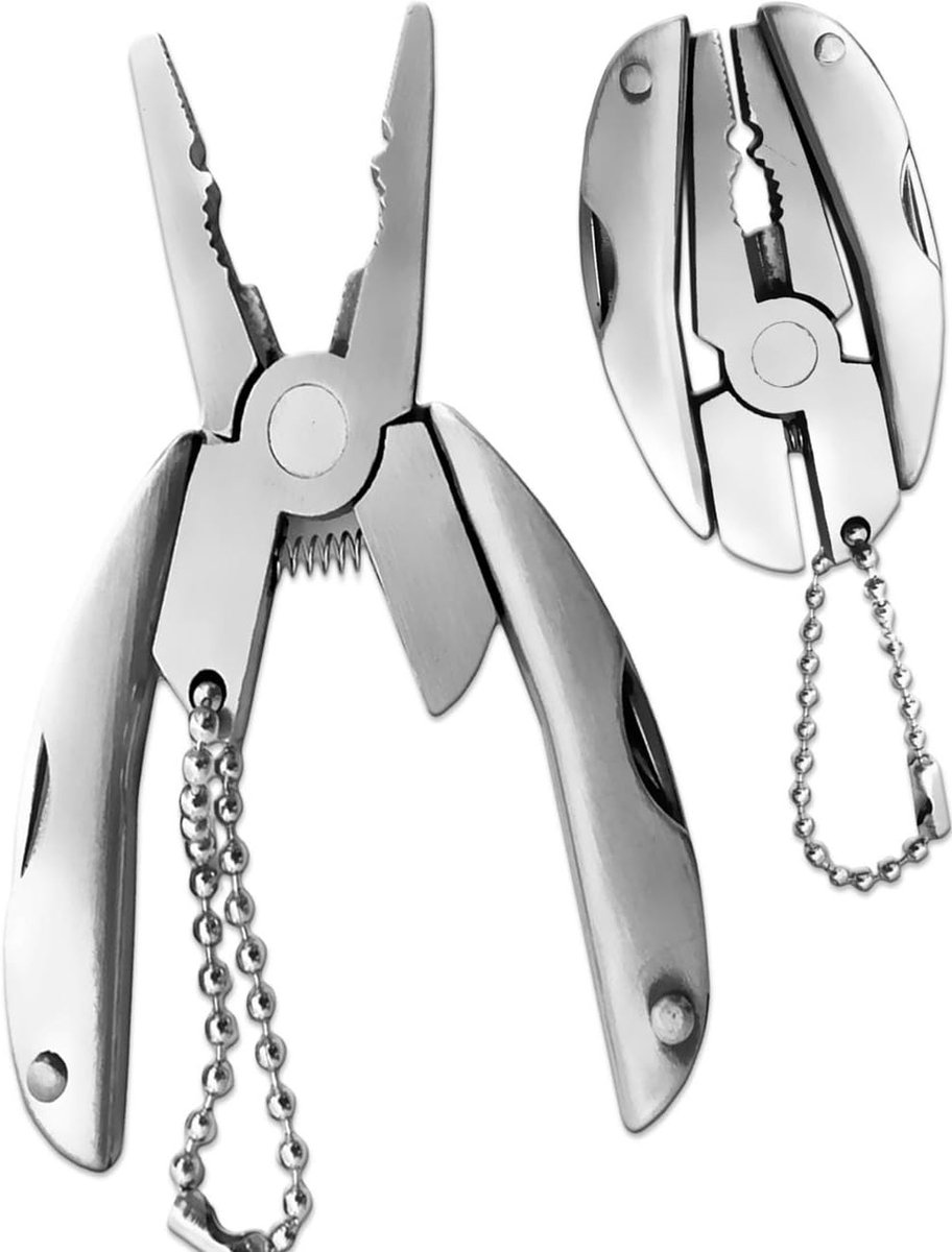 7-in-1 roestvrij stalen multitool sleutelhanger met tas, 1 stuk, zilver