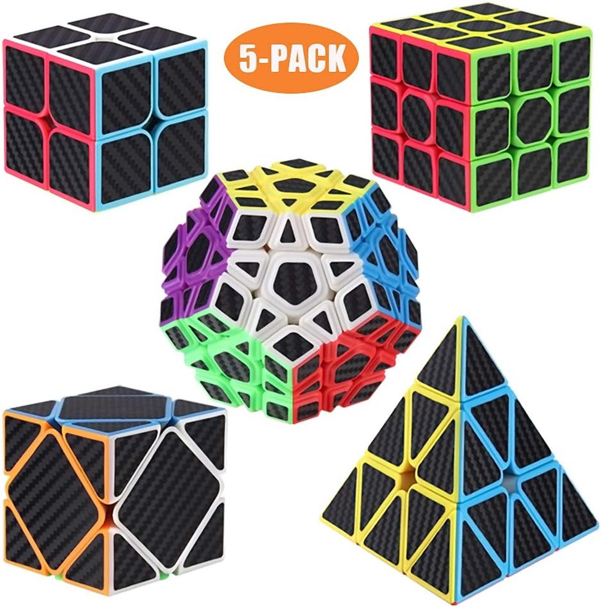 Speed ​​Cube, [5 pack] Speed ​​Cube-2x2x2 3x3x3 Megaminx Vervormde Piramide Kubus Sticker Magische Kubus Collectie Puzzel Doos Speelgoed (Koolstofvezel kubusset)
