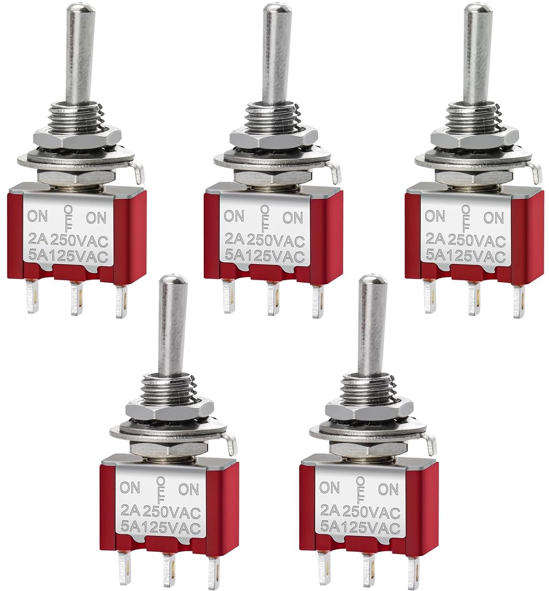 Schakelaar MTS-103, AAN-UIT-AAN SPDT, 3-pins, 2A 250V, 5A 120V, UR vermeld, set van 5