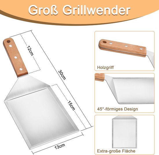 2 stuks grote roestvrijstalen grillspatel set - houten handvat - Plancha spatel en grillspatel voor smash burger, teppanyaki, BBQ-accessoires, grillgeschenken voor mannen — afbeelding 3