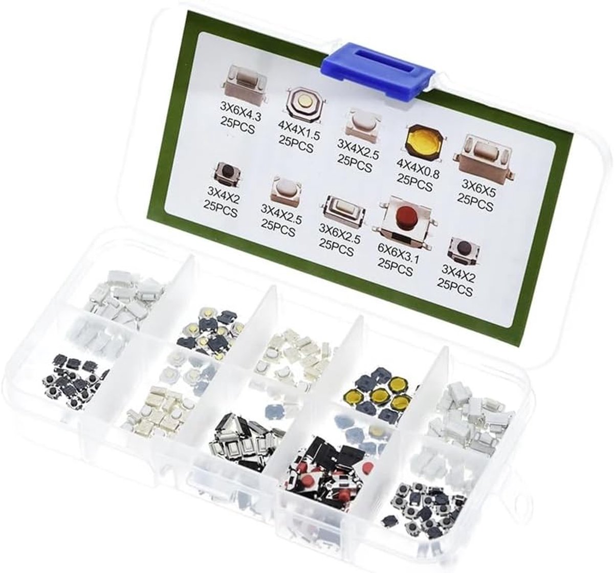 250 stuks 10 waarde tactiele drukknop schakelaar micro momentary tact assortiment kit + kunststof doos