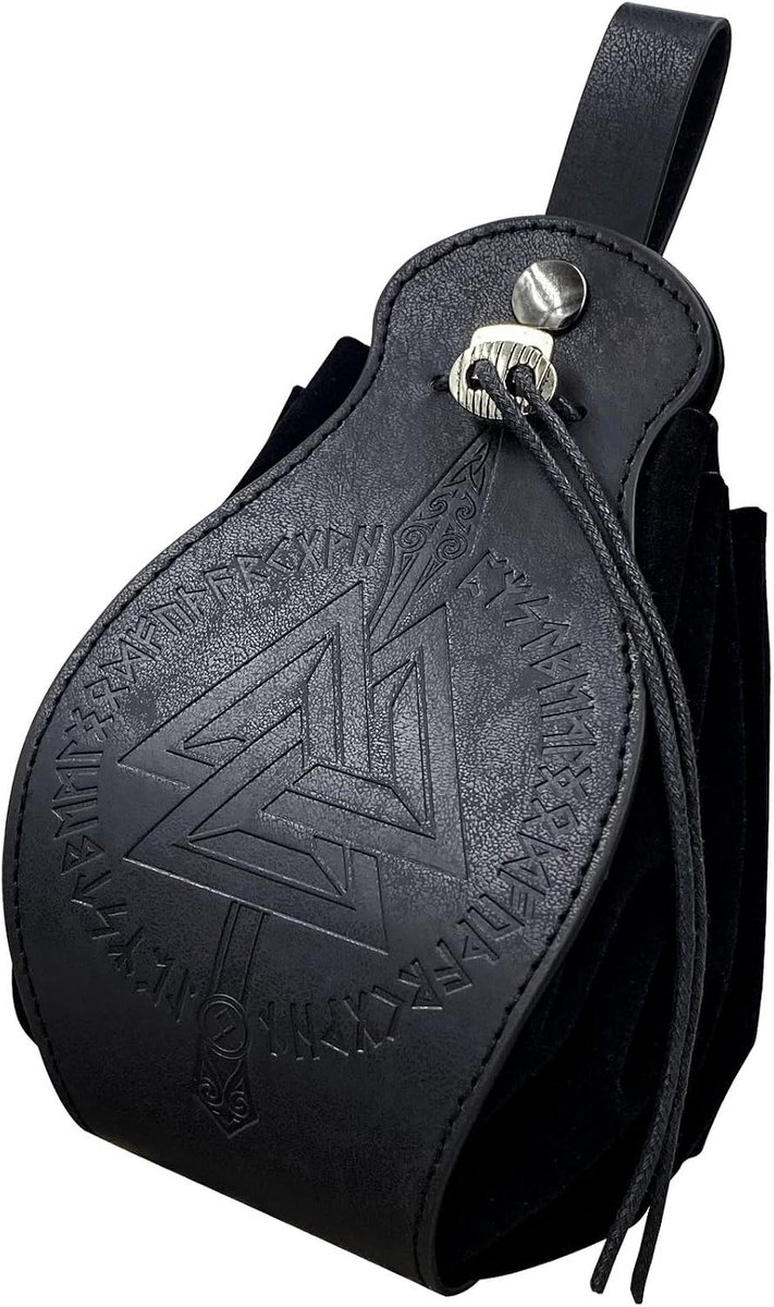 kunstlederen zakje,Draagbare Drawstring Belt Bag, LARP Reenactment Dobbeltas, Vintage Waist Bag voor Sieraden Munt Kleine Accessoires (Odin en zwaard)