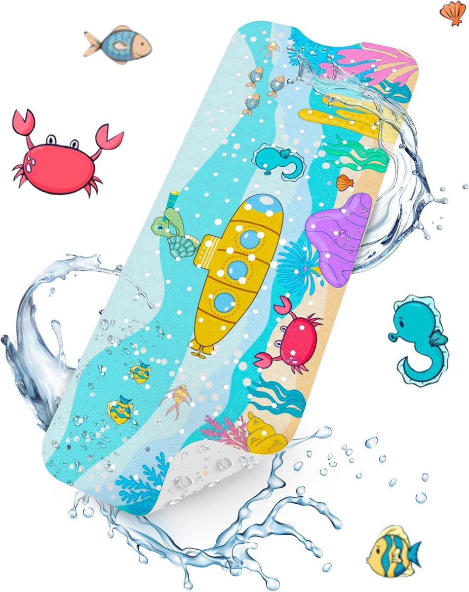 Antislip badmat, 101 x 40 cm, extra lang, antislip douchemat voor kinderen, badmat met zuignappen en drainagegaten, machinewasbaar, oceaan
