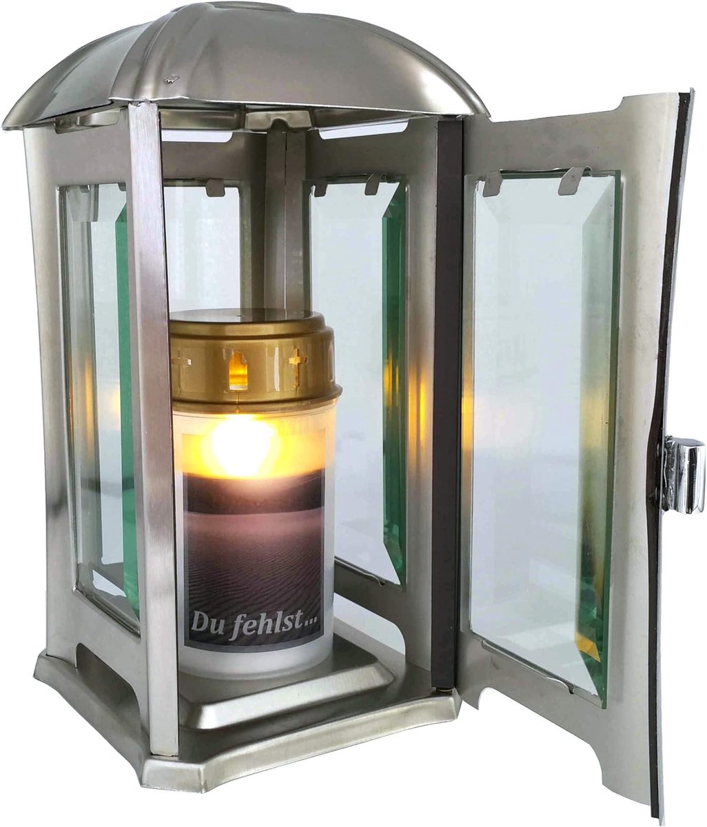 Graflantaarn van roestvrij staal met gefacetteerde glazen ruiten en led-graflantaarn 24 cm (mat geborsteld)