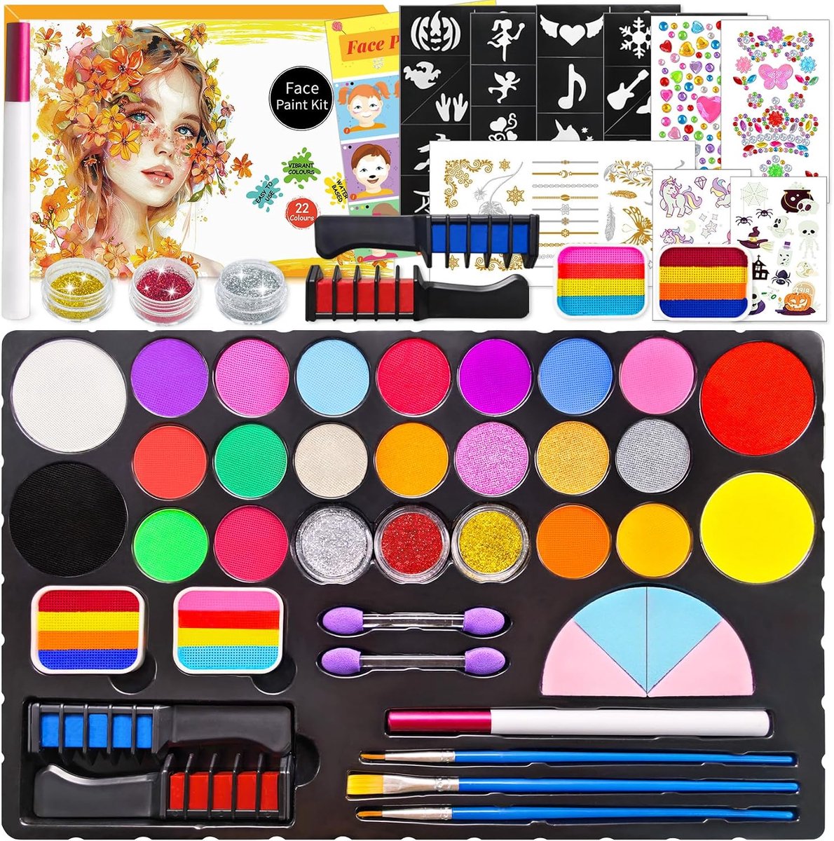22 kleuren, wasbaar, gezichtsverf voor kinderen, met 4 grote kleuren, 2 regenboogsplit en tatoeages, ideaal kinderschminken voor Halloween, carnaval, kleuterschool, alle