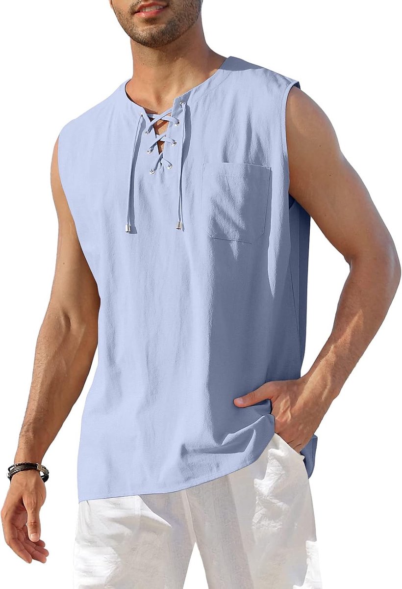 Mouwloos Henley-shirt van linnen-katoenmix voor heren, vetersluiting, casual, strand, hippie