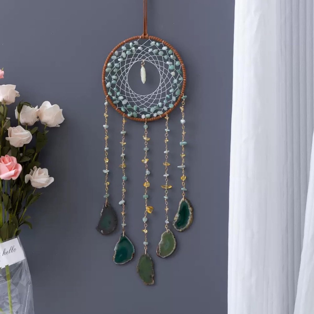 agaat dromenvanger om op te hangen aan de muur, voor ramen, tuin, woondecoratie (groene aventurijn)