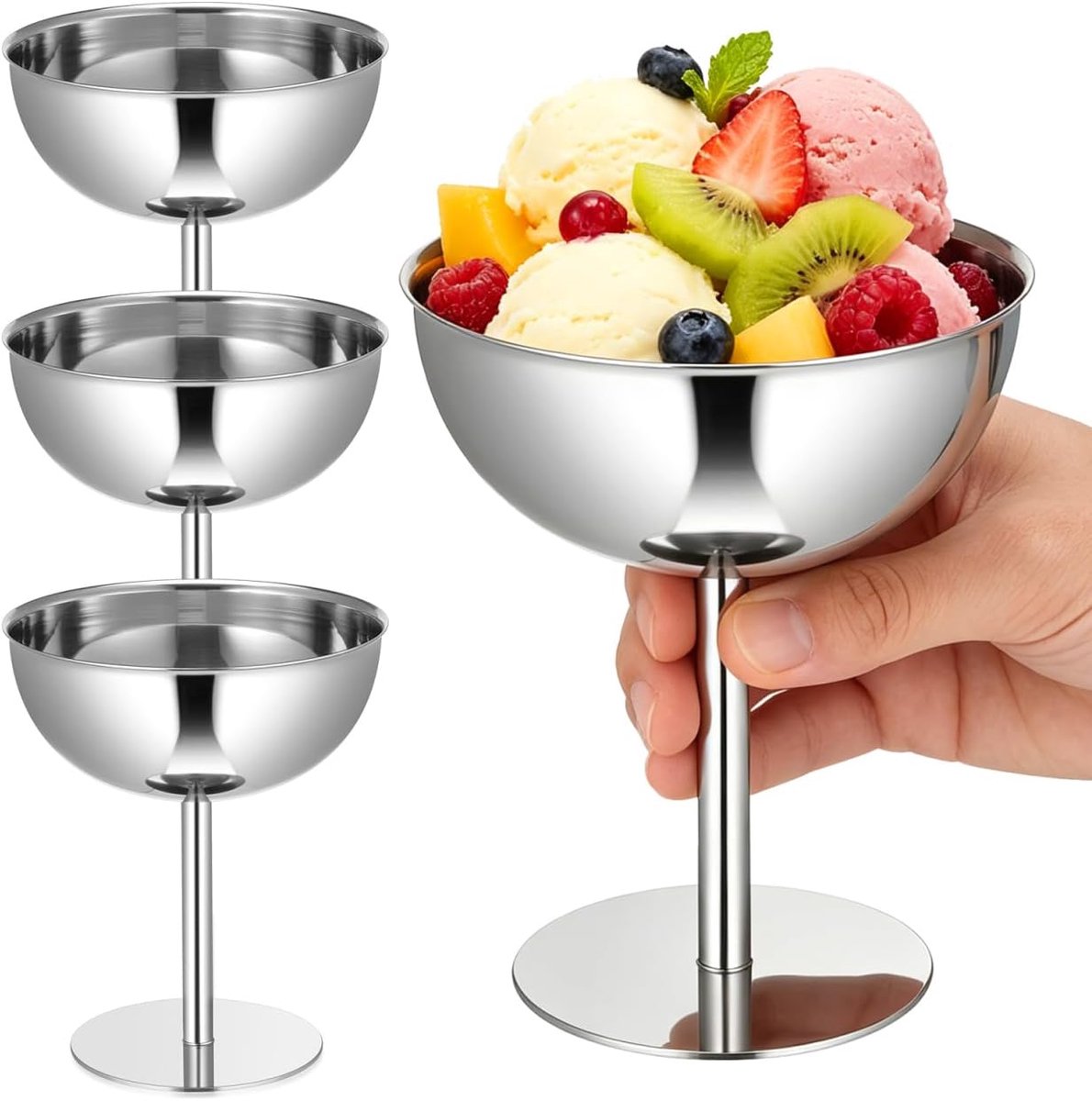 KZQ 4-delige set hoge ijsbekers - Roestvrijstalen glazen op voet - Metalen dessertkommen - Geschikt voor het serveren van ijs, pudding en fruit.