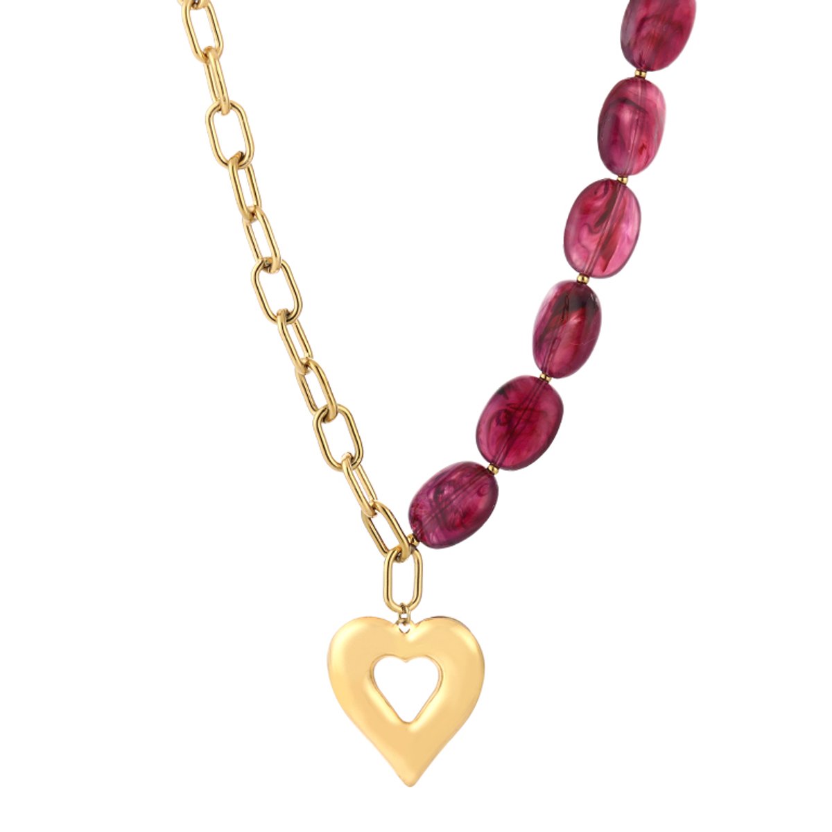 Asymmetrical Link & Oval Resin Bead Heart Pendant Chain Necklace – Luxe Kralen Ketting met Hart – RVS - Paars