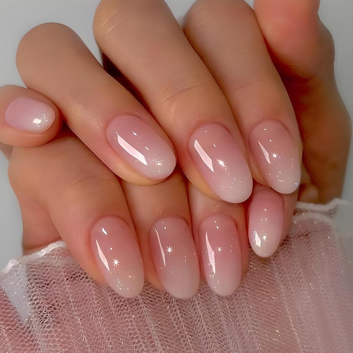 Press on Nails korte amandel, French nagels om op te plakken, roze, wit, kleurverloop, kunstnagels met nagellijm, stickers, acryl kunstnagels, natuurlijke vierkante vingernagels, nepnagels voor