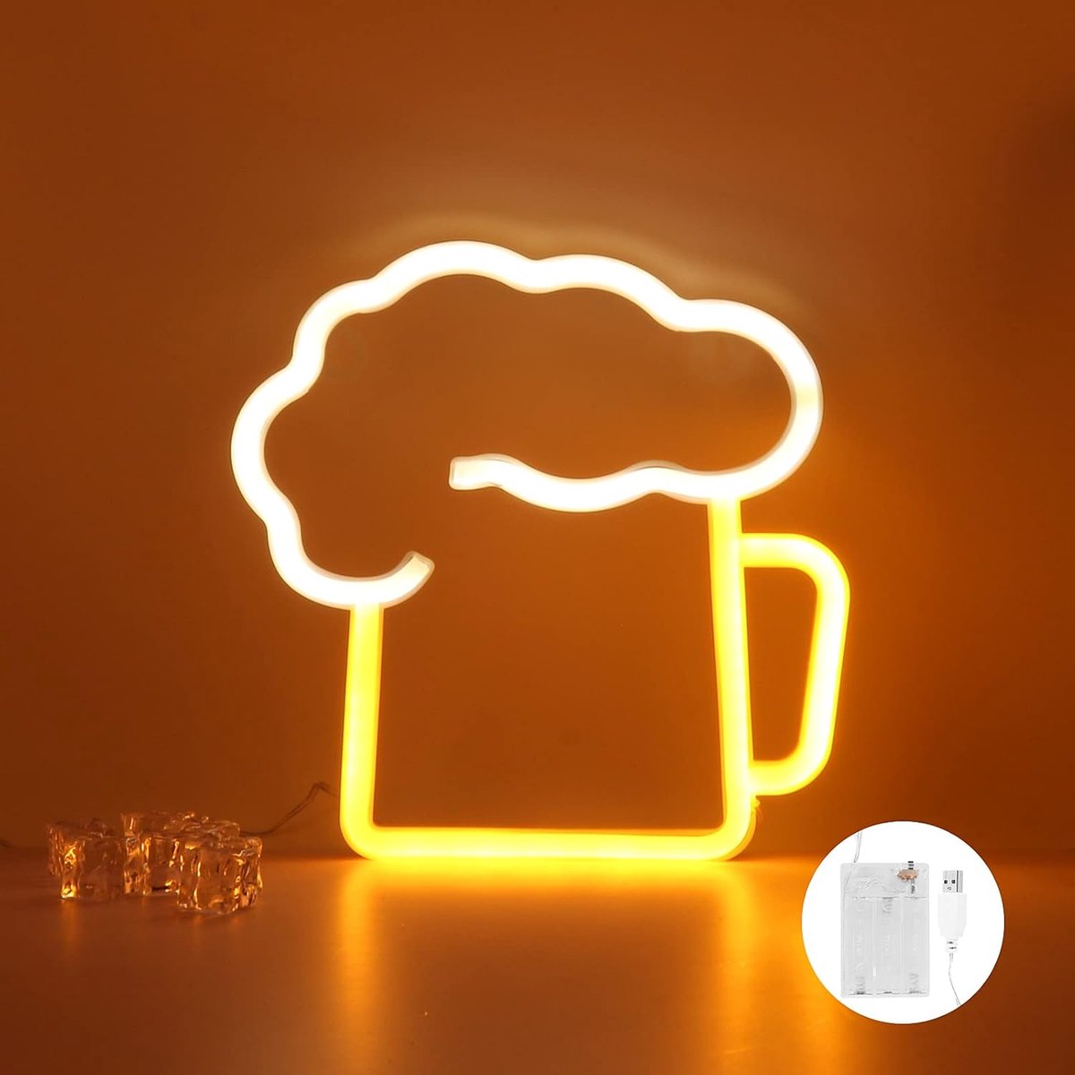 Lichtreclame bier, led-neonlicht, 3D-wanddecoratie, batterij of USB-voeding, wit geel neonbord voor bars, pub, nachtclub, winkel, Kerstmis, festival, feestteken