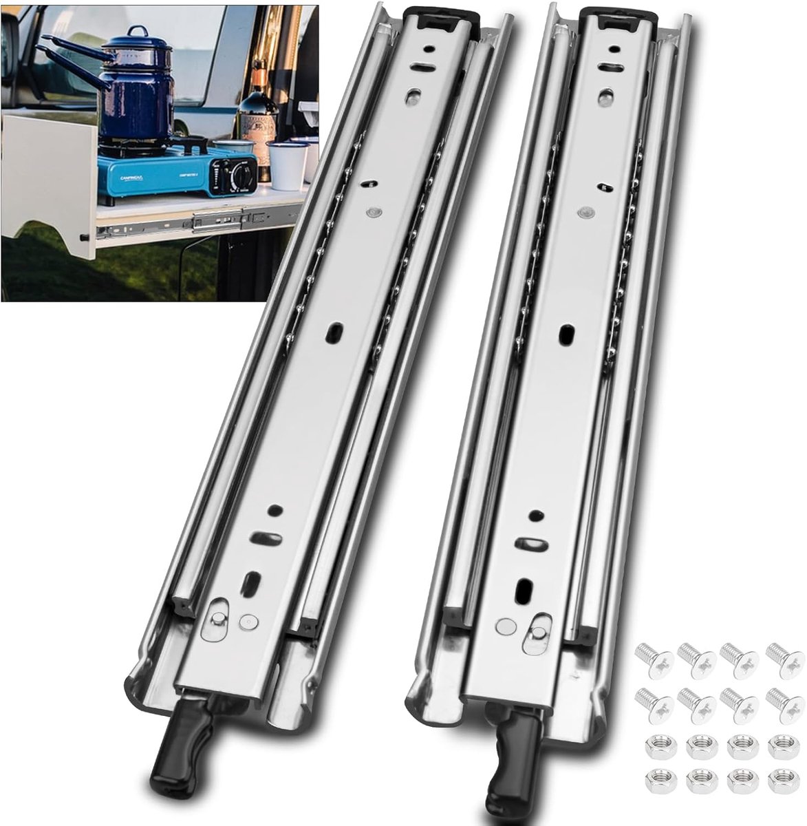 Ladegeleiders met slot, 1 paar (2 stuks), 750 mm robuuste ladegeleider, draagvermogen 113 kg, volledige uitbreiding met kogellagergeleiders