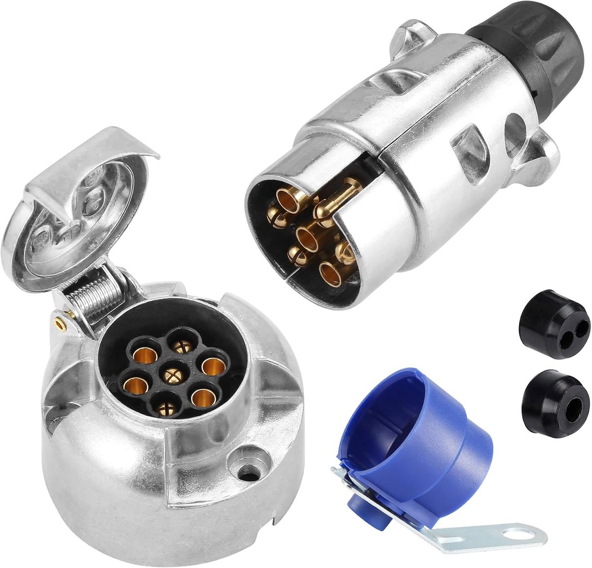 stekker 7-polig en metaal, aanhangerstekker 7-polig, 12 V, stekker en bus, aanhanger 7-polig, waterdicht, 7-polige stekker voor camperaanhanger, met blauwe trekhaak (aluminium B)